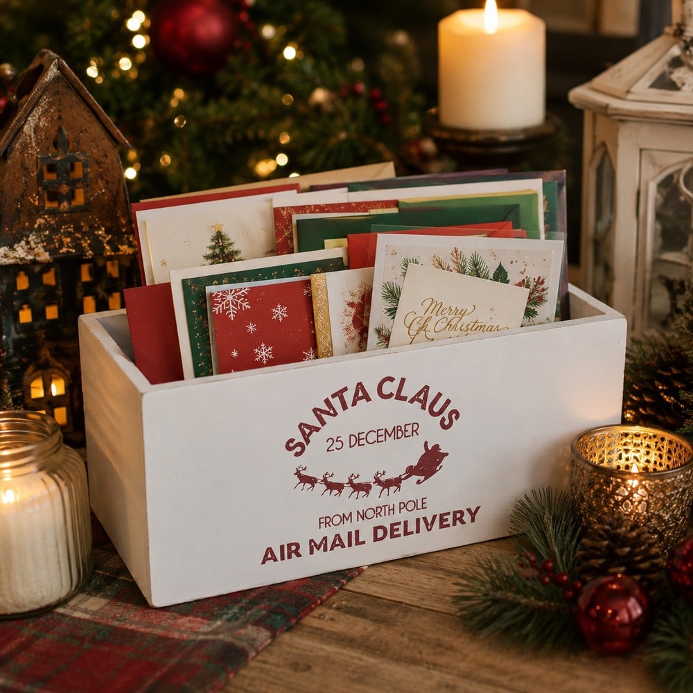 Vintage Santa Mail Box Wood Christmas Card Holder North Pole  Rustic Farmhouse